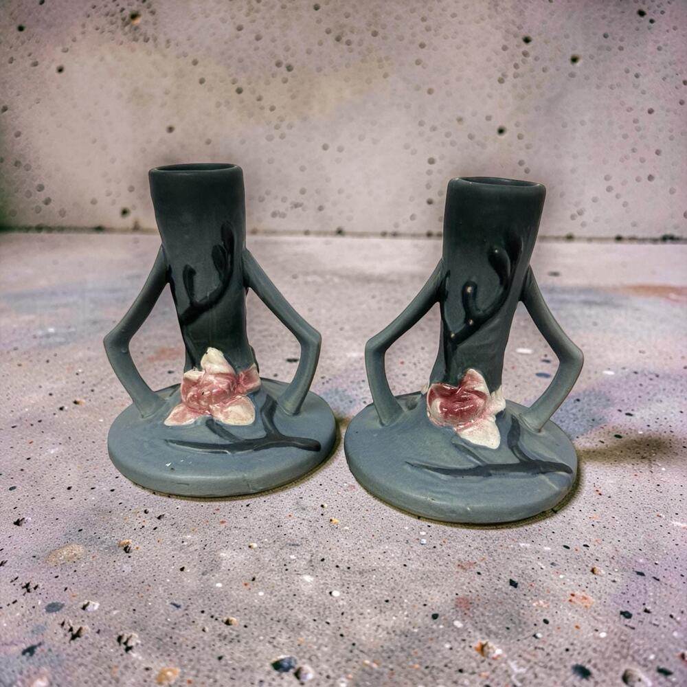 Vintage Roseville Pottery Candlestick Pair Blue Gray Floral Art Pottery